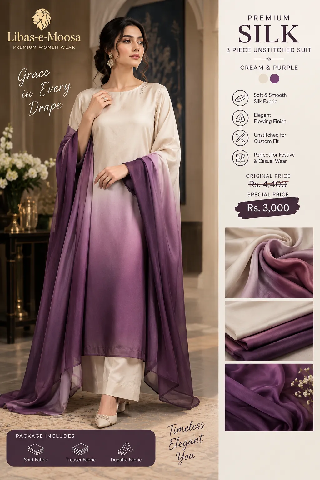 Premium Silk 3 Piece Unstitched Suit — Cream & Purple