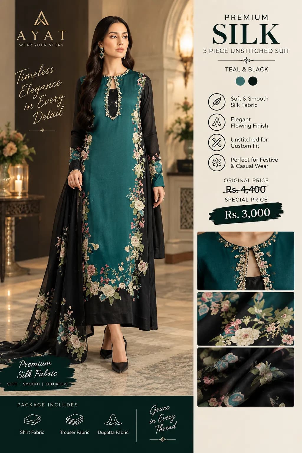 Premium Silk 3 Piece Unstitched Suit — Teal & Black Floral