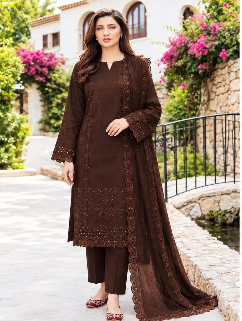 Fatima Premium Embroidered Dhanak 3 Piece Suit — Brown
