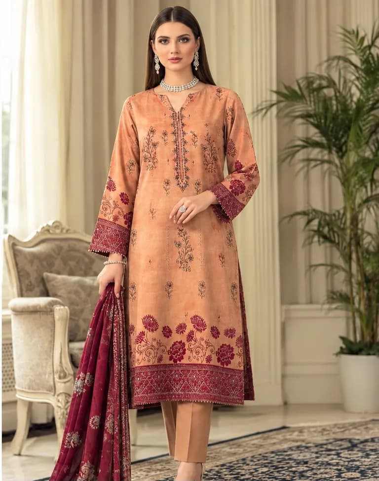 Premium Digital Linen Print Embroidered 3 Piece Suit — VOL-875