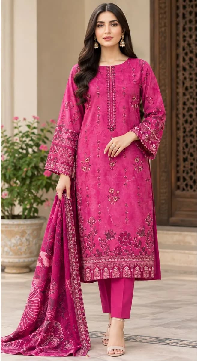Premium Digital Linen Print Embroidered Suit  Pink