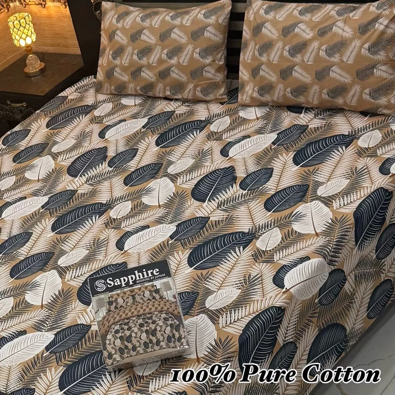 Beige Leaf Print Pure Cotton Bedsheet Set