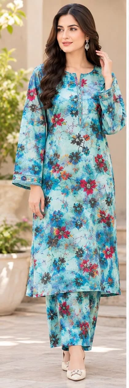 Blue Floral Linen 2 Piece Suit