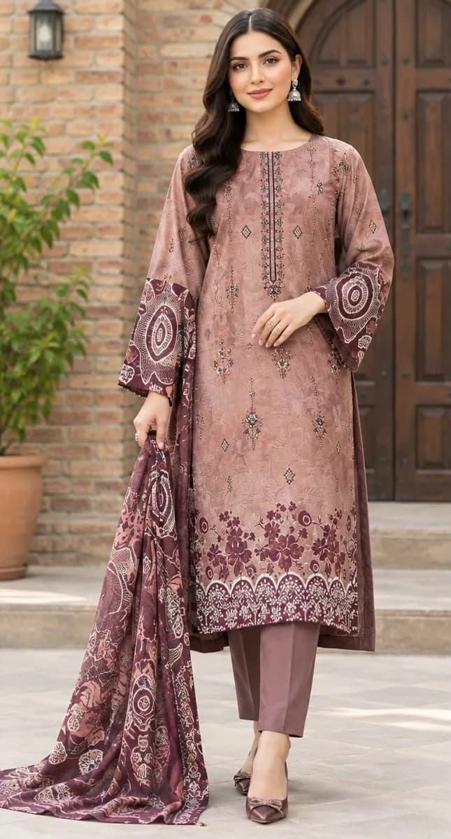 Premium Digital Linen Print Embroidered Suit