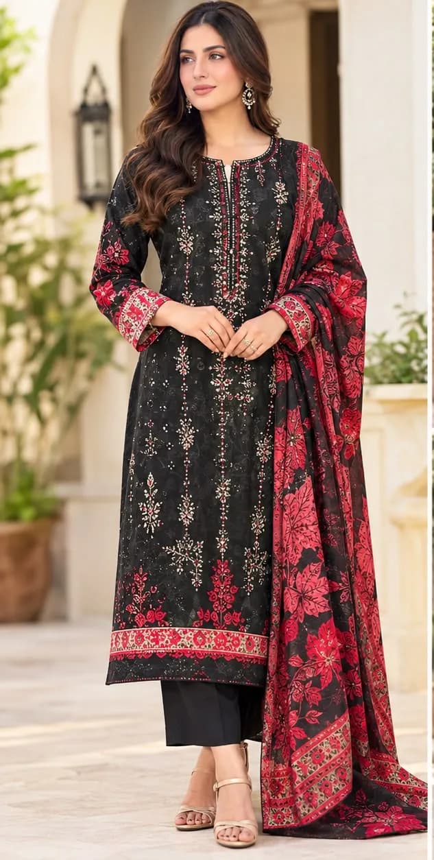 Al-Madina Winter Collection Black Red 3 Piece Suit