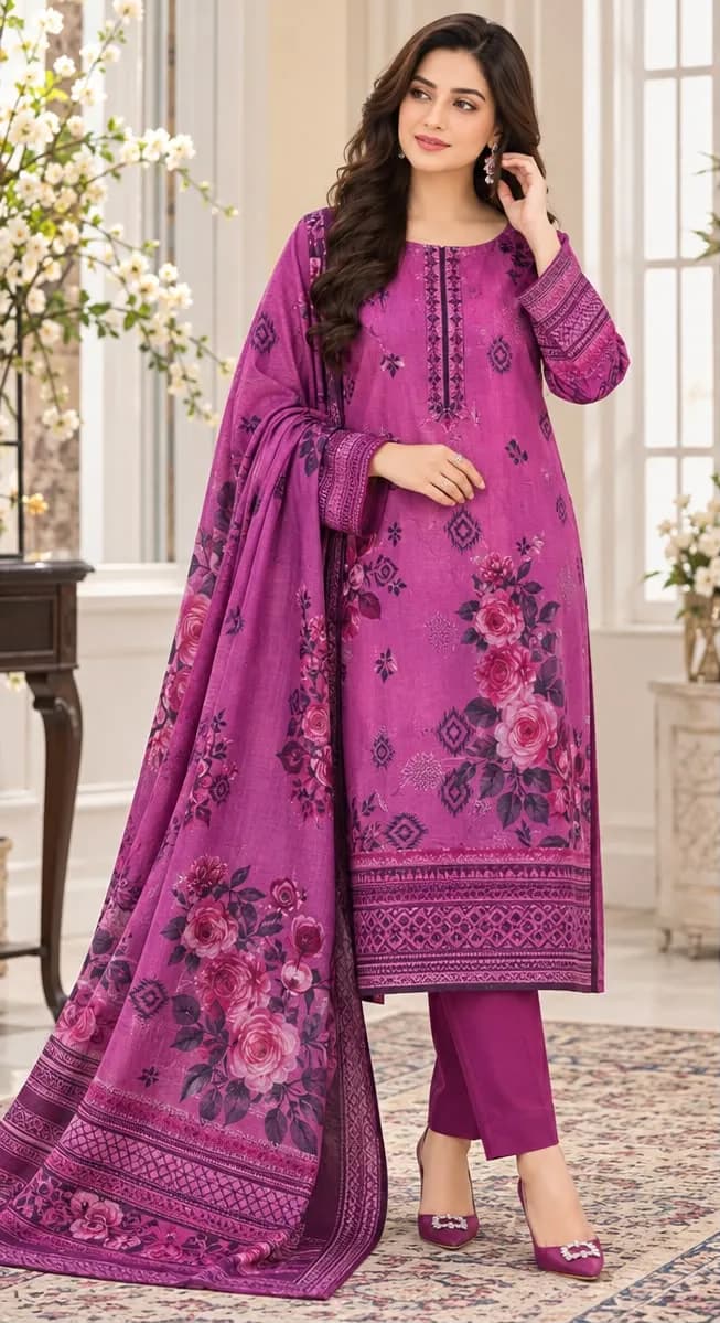 Al-Madina Winter Collection Magenta 3 Piece Suit