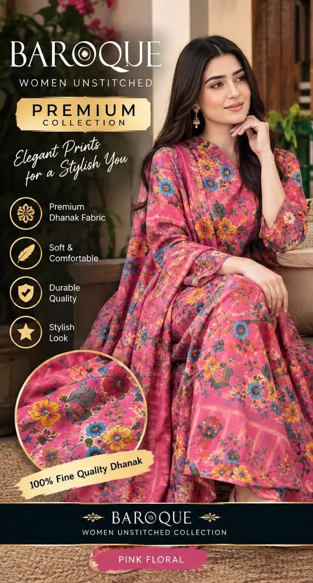 Baroque Premium Printed 3-Piece Suit – Pink Floral