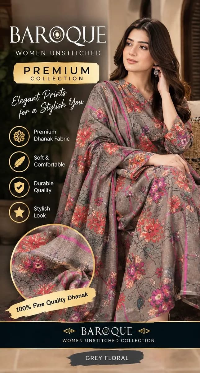 Baroque Women Unstitched Dhanak Suit – Grey Floral
