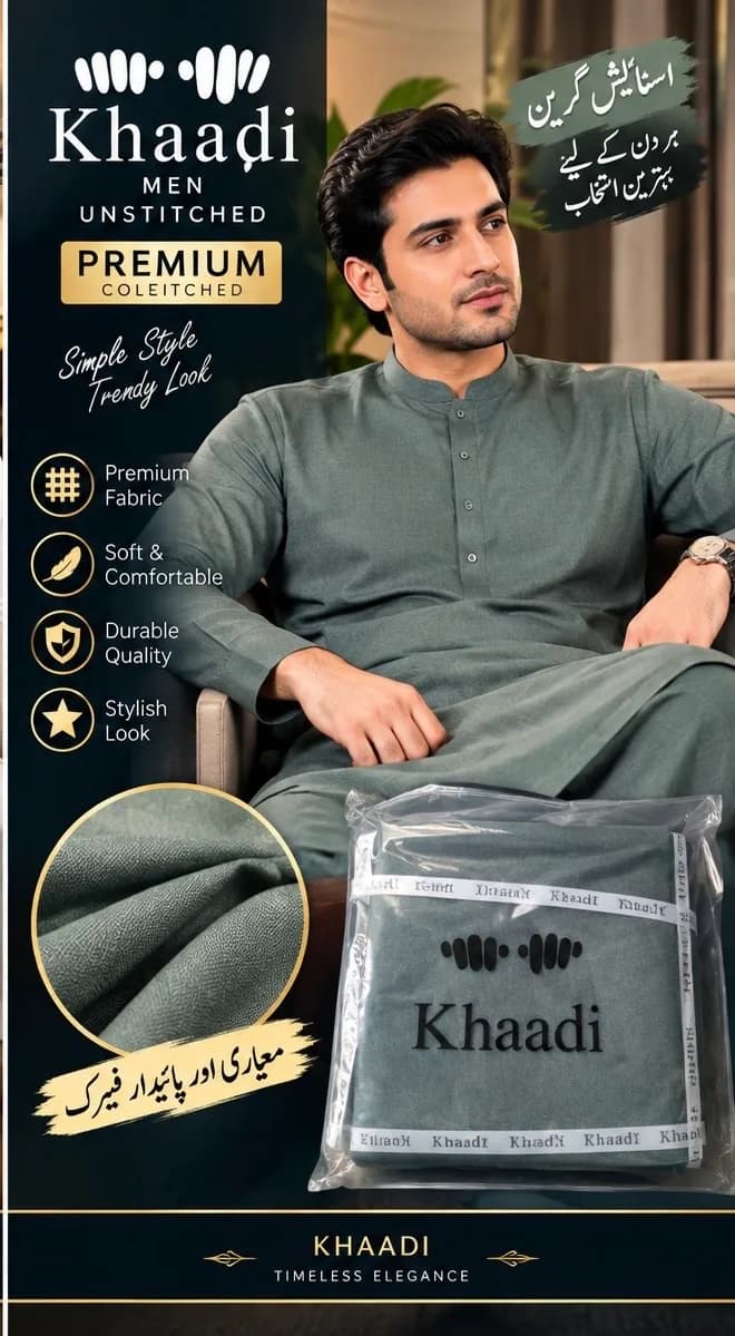Khadi Men Unstitched Premium Collection – Grey Green