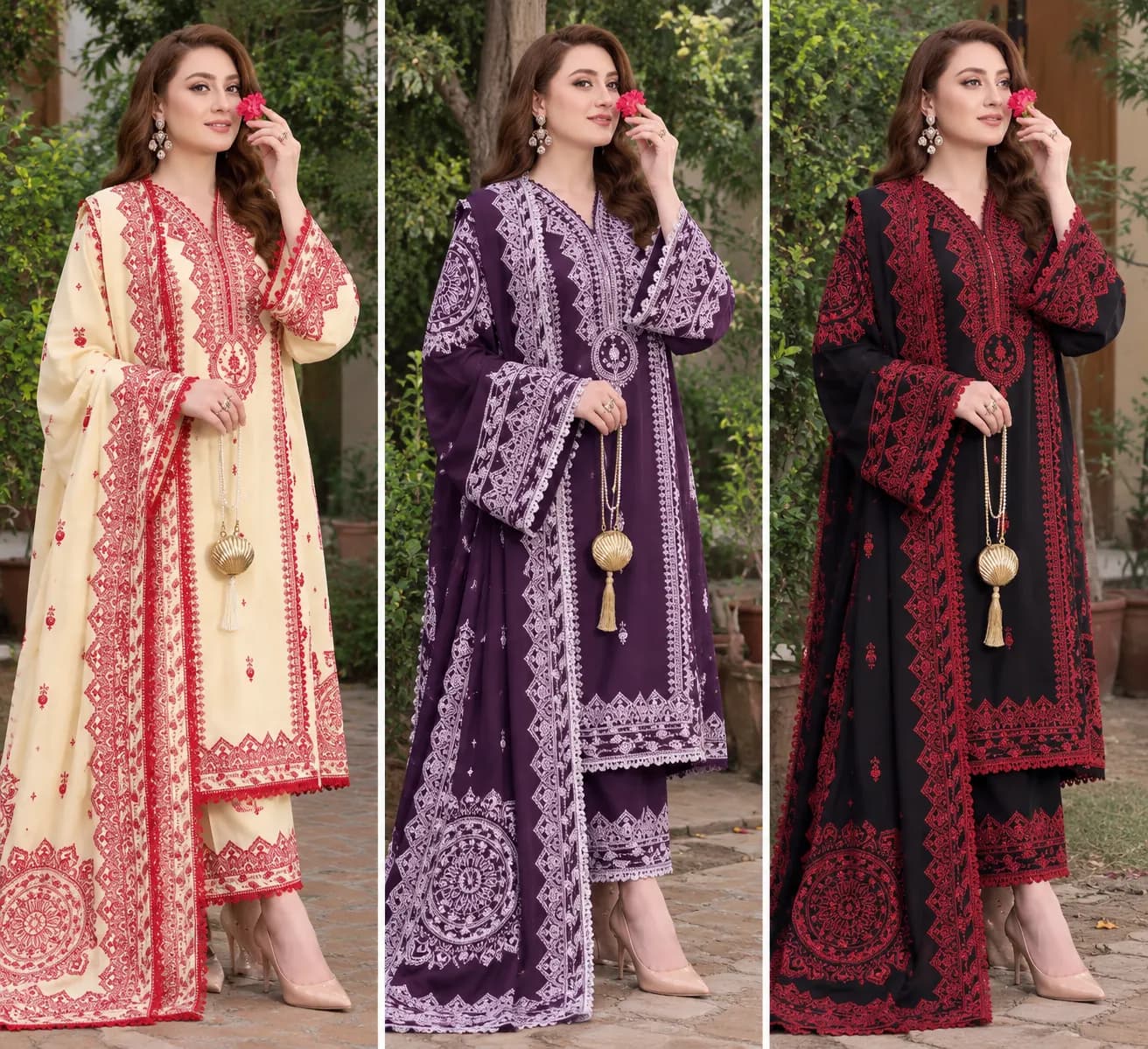 Premium Airjet Dhanak Embroidered 3 Piece Suit with Wool Shawl